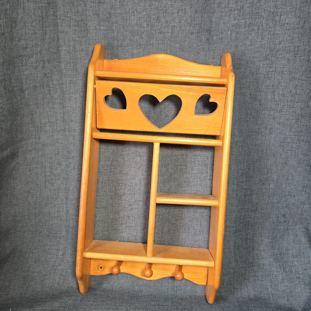 Vtg Wood Wall Shelf Curio Shadow Box Heart Dividers Display Country Cottage Core